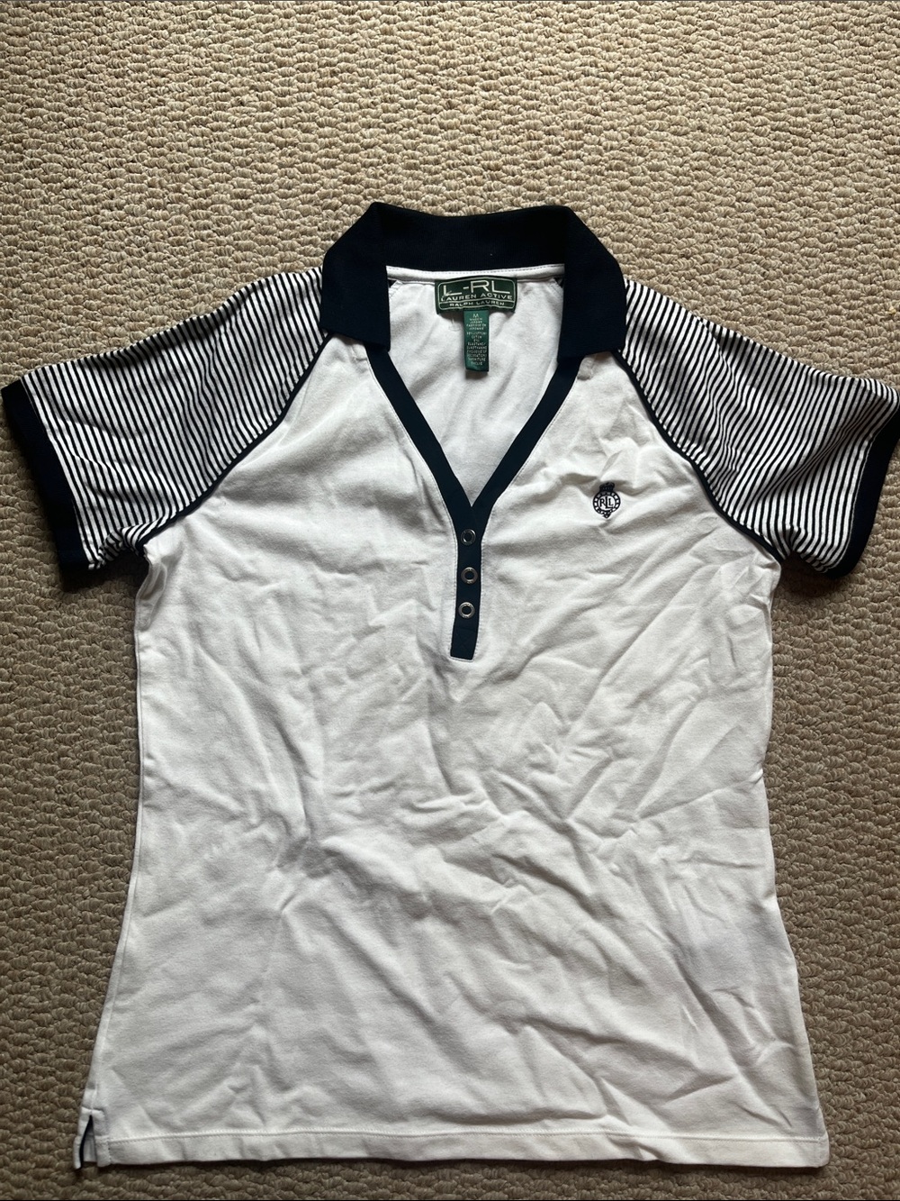 Vintage Ralph Lauren White Polo with Navy Trim and Striped Sleeves